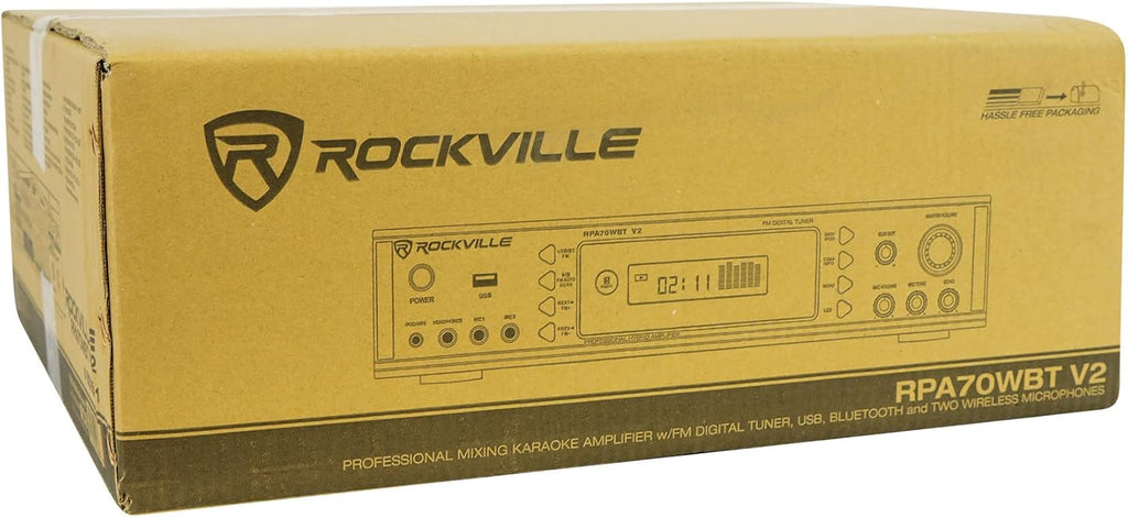 Rockville RPA70WBT V2 1000W 2-Channel USB Bluetooth Karaoke Amplifier/Mixer with (2) Wireless Mics, Optical/Coaxial/RCA Inputs, Echo Control, for Home Karaoke & Parties