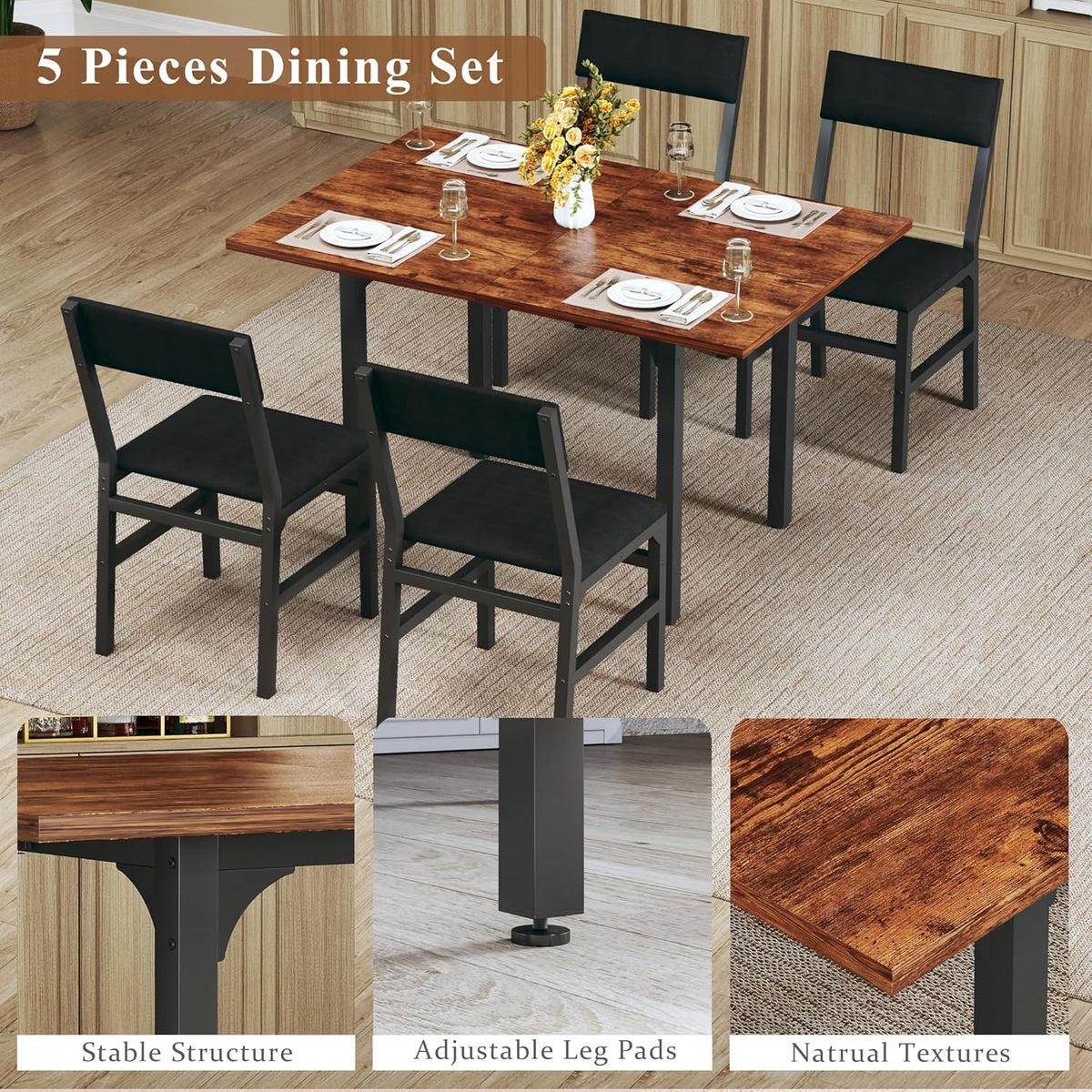 HUAHUU Dining Table Set for 4, Extendable Kitchen Table Cushion Chairs Set of 4, Rectangle Dining Table with Metal Frame & MDF Board, Folding for Small Apartment Saving Space, Rustic Brown