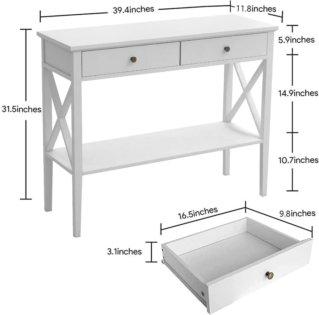 ChooChoo Console Table with Drawers, Narrow Wood Accent Sofa Table Entryway Table with Storage Shelf for Entryway, Front Hall, Hallway, Living Room, White