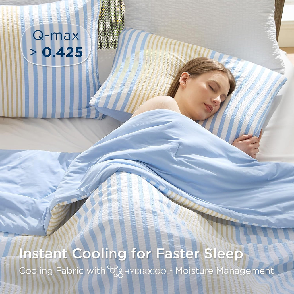 Bedsure SleepEase Cooling Comforter King Size for Summer, 3 Pieces Striped Seersucker Cooling Comforters for Hot Sleepers, Double-Sided Cool Tech Bedding Set with 1 Breathable Comforter, 2 Pillowcases