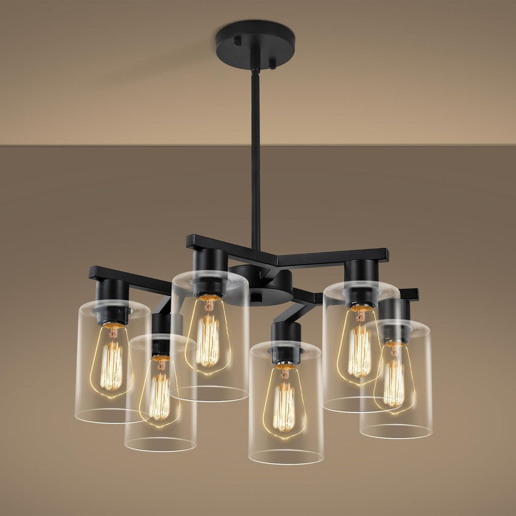 6-Light Modern Farmhouse Black Chandelier, Dining Room Light Fixture Over Table Adjustable Height Hanging Industrial Pendant Lights Kitchen Island, Clear Glass Shade