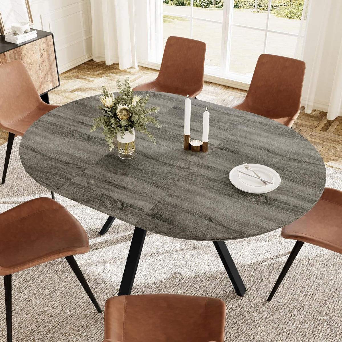 HIPIHOM Extendable Round Dining Table Set for 6 People, 43.3"-59.1" Extendable Kitchen Table with 6 Upholstered Chairs, Space Saving for Kitchen Dining Room (Grey Table+6 Brown Chairs)