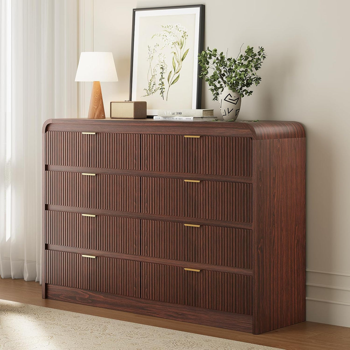 FURSUN Fluted 8 Drawers Dresser for Bedroom, 55" Wide Wooden Dresser with Metal Handle, Curved Profile Design, Modern Storage Organizer for Bedroom, Living Room, Hallway, Dark Walnut