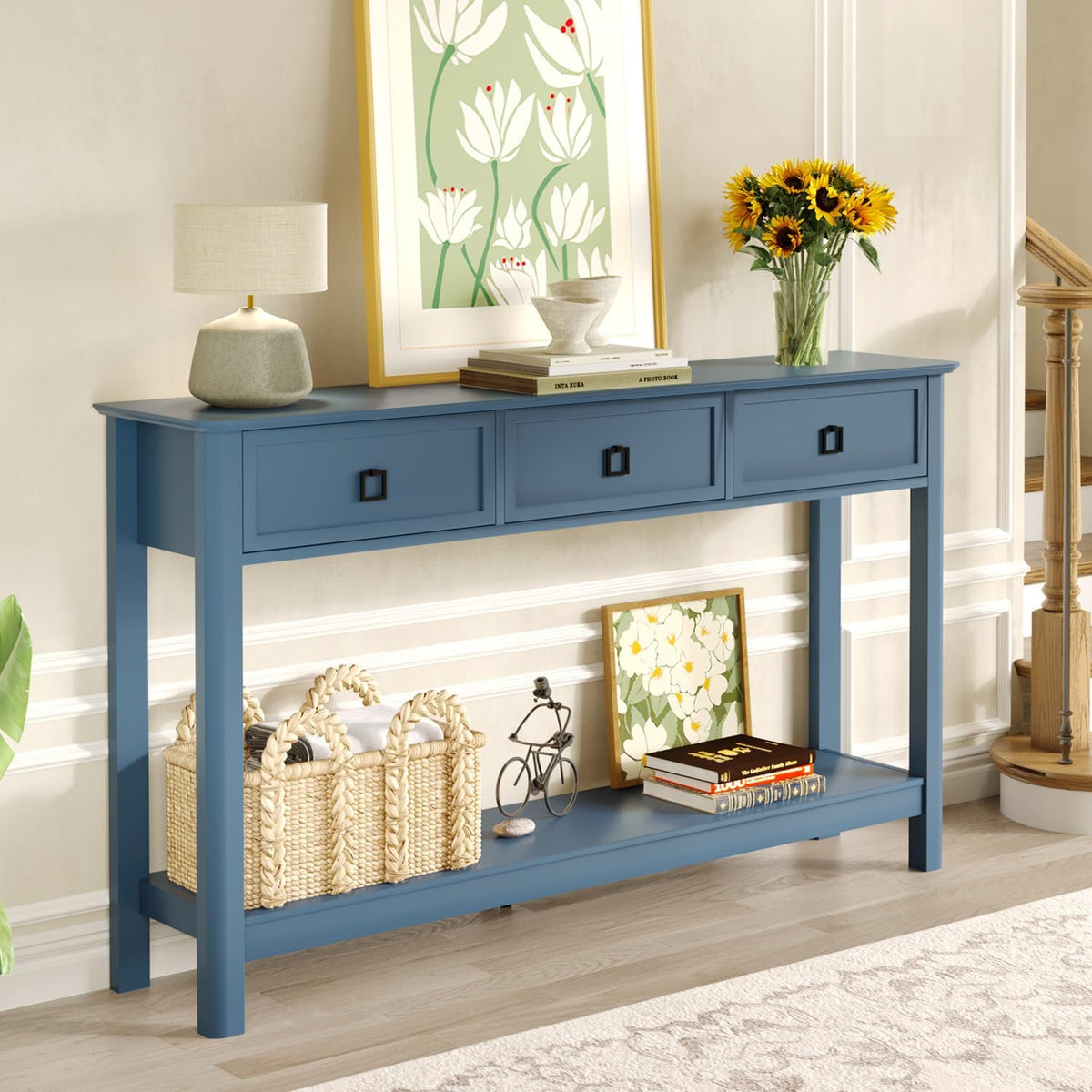 Treocho 53.1" Console Table with 3 Drawers, Modern Entryway Table, 2-Tier Narrow Long Sofa Table Behind Couch Table for Living Room, Hallway, Blue