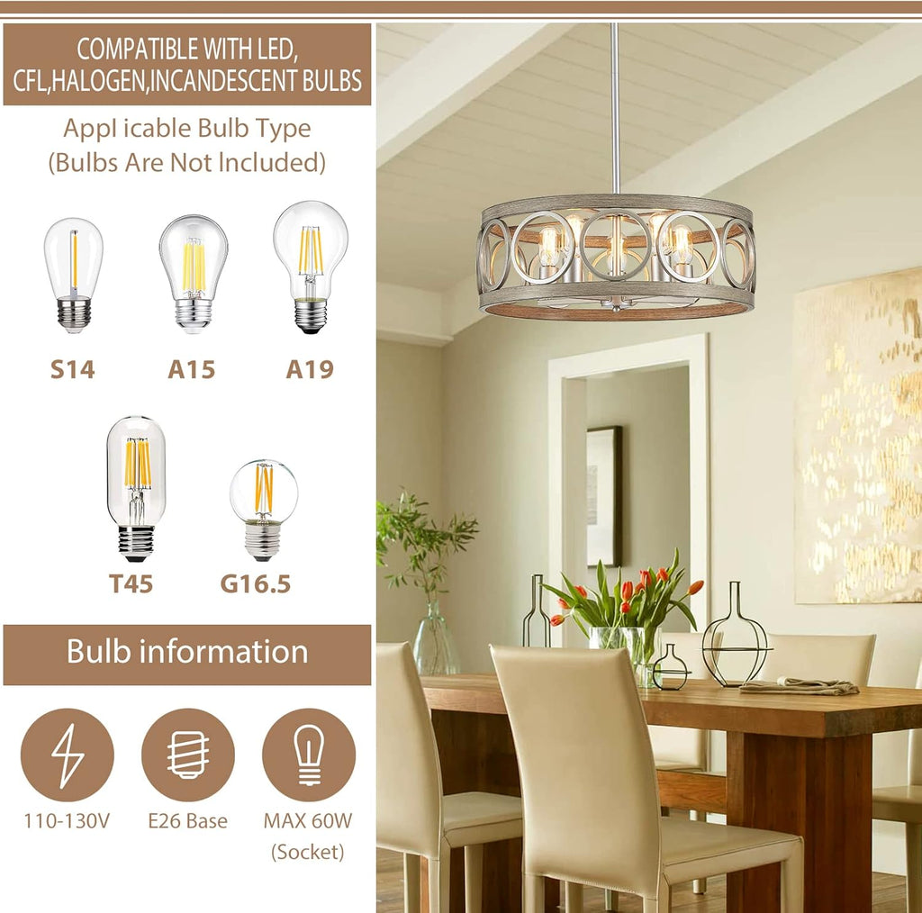 Dining Room Chandelier Over Table 22" Drum Modern Farmhouse Pendant Light Fixture for Living Room Kitchen Island Bedroom, Metal Rustic Round Brushed Nickel Wood Grain Finish Hanging 5-Light