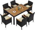 Yaheetech 7 Piece Patio Furniture Set, Outdoor Dining Acacia Wood Table Top Rattan Conversation Set with Soft Cushions, 6 Chairs & 1 Table for Backyard, Deck, Garden & Yard, Black/Beige