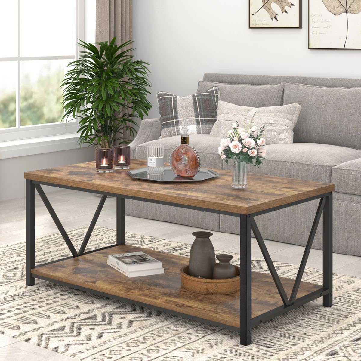 EXCEFUR Modern Coffee Table, Industrial Metal and Wood Living Room Table with Storage Shelf, Rustic Brown