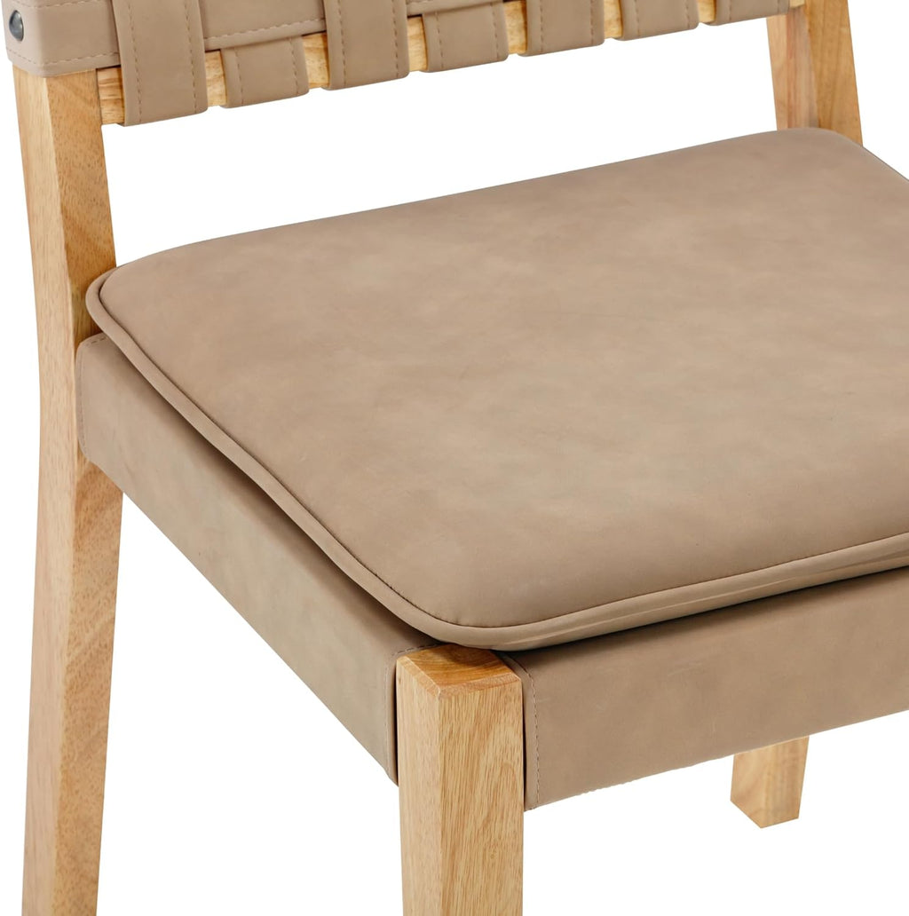 Nathan James Cohen Wood Dining Chair, Mid-Century Modern Upholstered Side Chair with Hand Woven Faux Leather Backrest, Natural Brown, Set of 2
