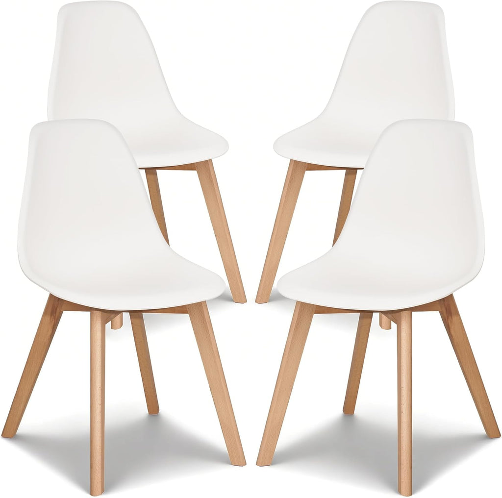 VECELO Dining Chairs Set of 4, Mid-Century Modern Kitchen & Dining Room Chairs, Molded Plastic Seat & Back, Solid Wood Legs, Armless, Non-Slip Feet, White