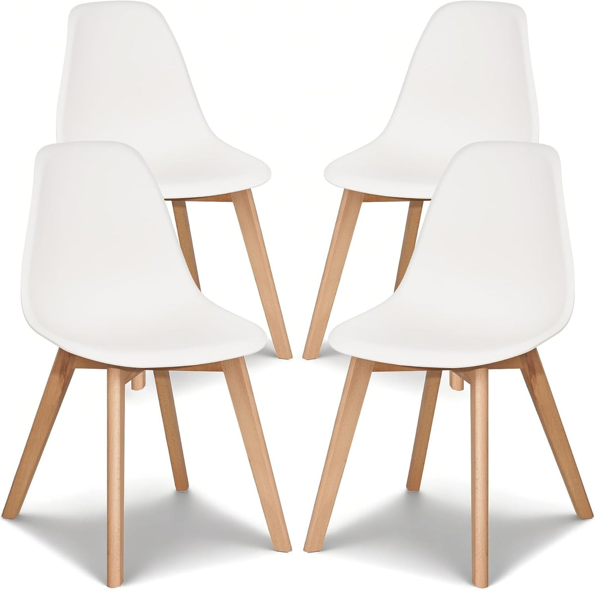 VECELO Dining Chairs Set of 4, Mid-Century Modern Kitchen & Dining Room Chairs, Molded Plastic Seat & Back, Solid Wood Legs, Armless, Non-Slip Feet, White