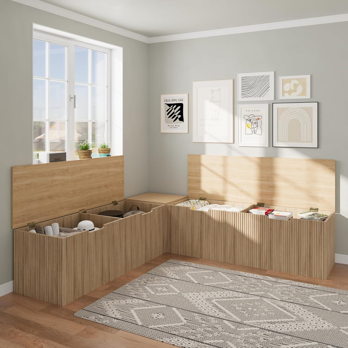 Bobve L-Shape Storage Bench with Cushion, Backless Corner Dining Bench, Kitchen Dining Nook Bench with Hidden Storage for Dining Room, Kitchen, Entryway (Natural Wood)