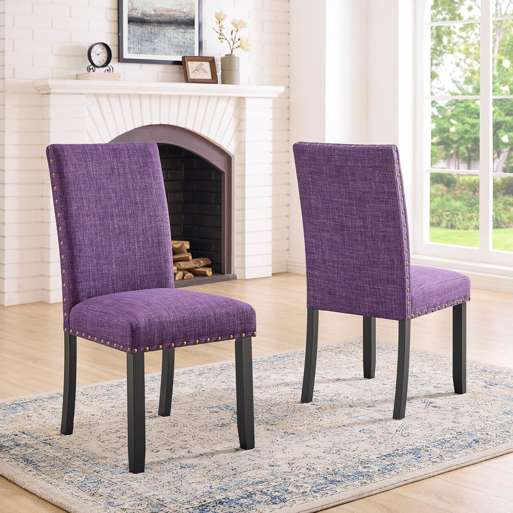 Roundhill Furniture Biony Fabric Dining Chairs with Nailhead Trim, Set of 2, Purple