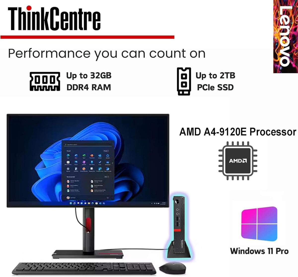 Lenovo Business Mini Desktop PC, AMD Processor, 4GB DDR4 RAM, 128GB PCIe SSD Drive, Dual Display Support, Wi-Fi, Bluetooth, USB & Ethernet Port, Windows 11 Pro, w/Keyboard & Mouse