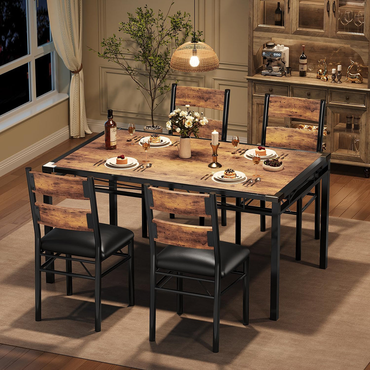 GarveeHome Dining Table Set for 4, Dining Room Table Set for 4 with Upholstered Chairs, Wood Kitchen Table Chairs Set of 4 with Corner Protector for Small Space, Kitchen, Apartment, Rustic Brown