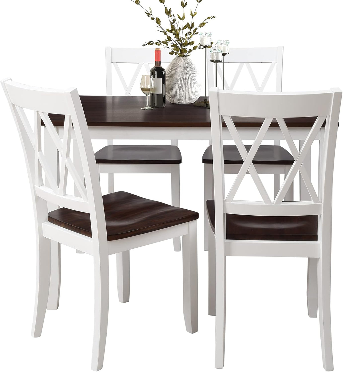 Harper & Bright Designs 5-Piece Wood Dining Table Set for 4, Kitchen Furniture Set with 4 High Back Dining Chairs for Small Places,White+Cherry