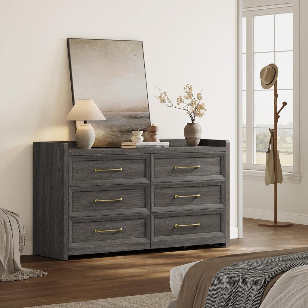 SICOTAS 6 Drawer Dresser for Bedroom-56.4" Extra-Wide Wooden Chest of Drawers with Large Storage, Long Dresser TV Stand with Drawers, Modern Closet Dressers for Nursery Living Room, Dark Grey Oak