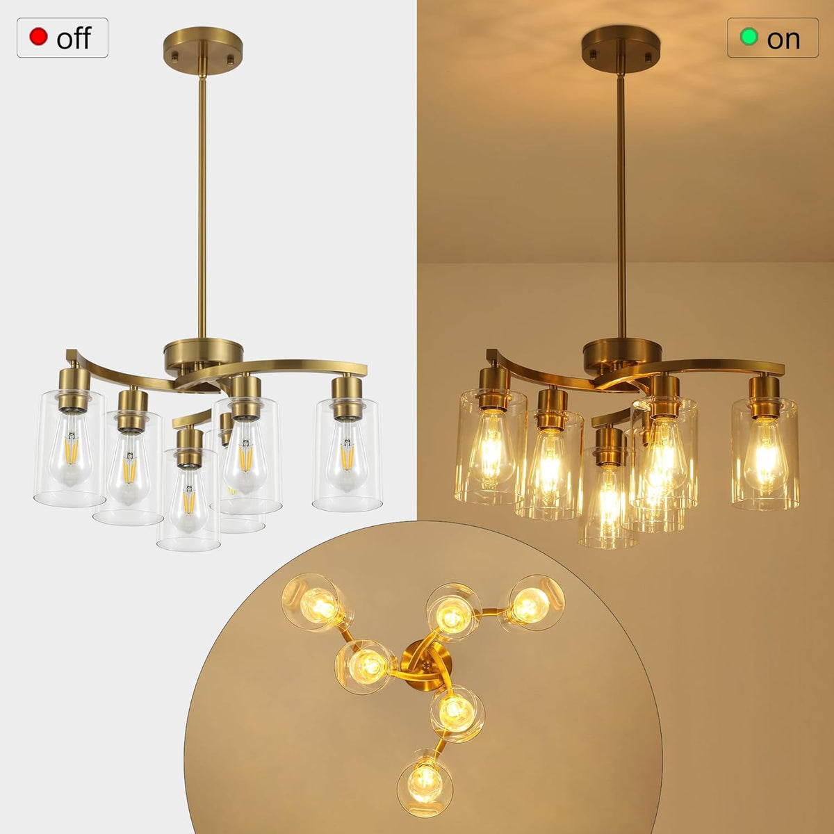 6 Light Gold Dining Room Light Fixture .Modern Farmhouse Kitchen Chandeliers Over Table .Adjustable Height Hanging Pendant Lighting for Kitchen Island  .with Glass Shade