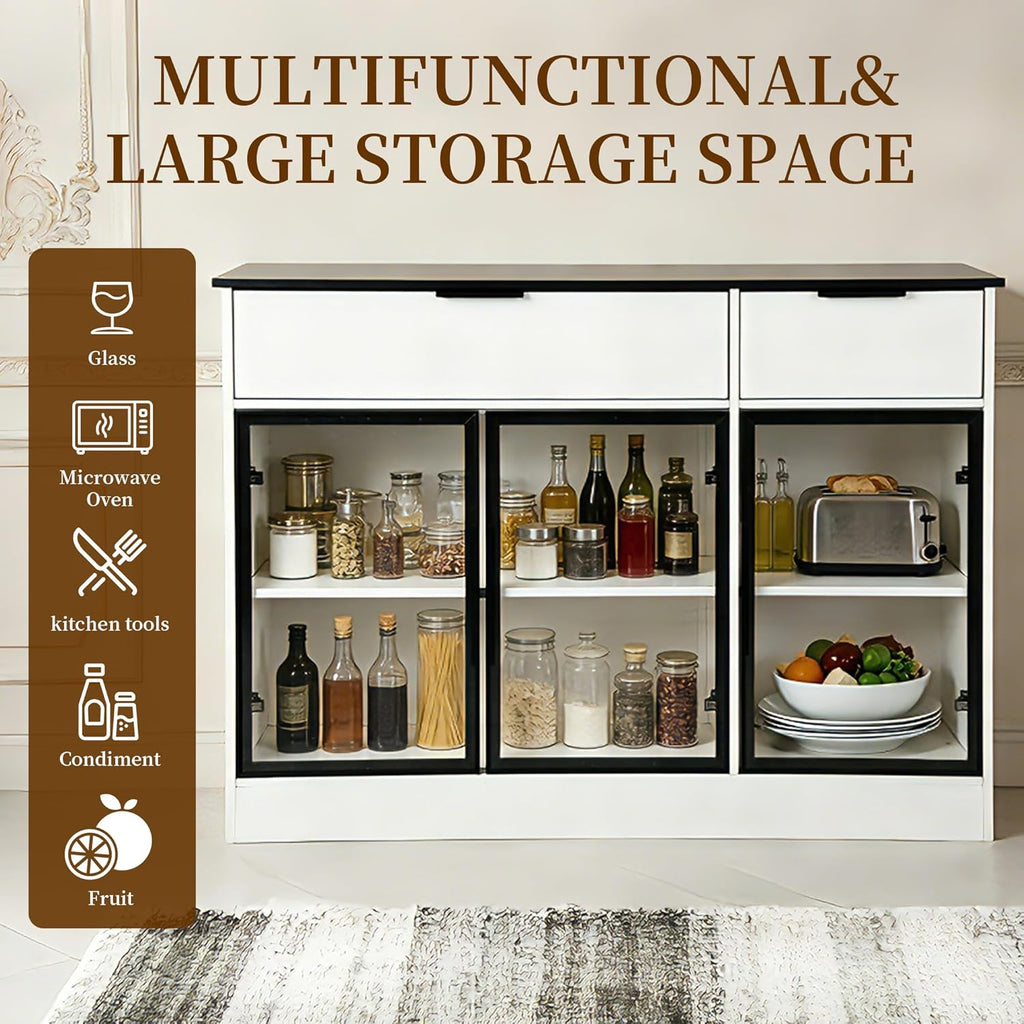 Buffet Cabinet with Drawers, Buffet Storage Cabinet with Transparent Glass Doors, Kitchen Supplies Storage Cabinet, Wooden Coffee Bar Table for Dining Room,Living Room Entrance, White