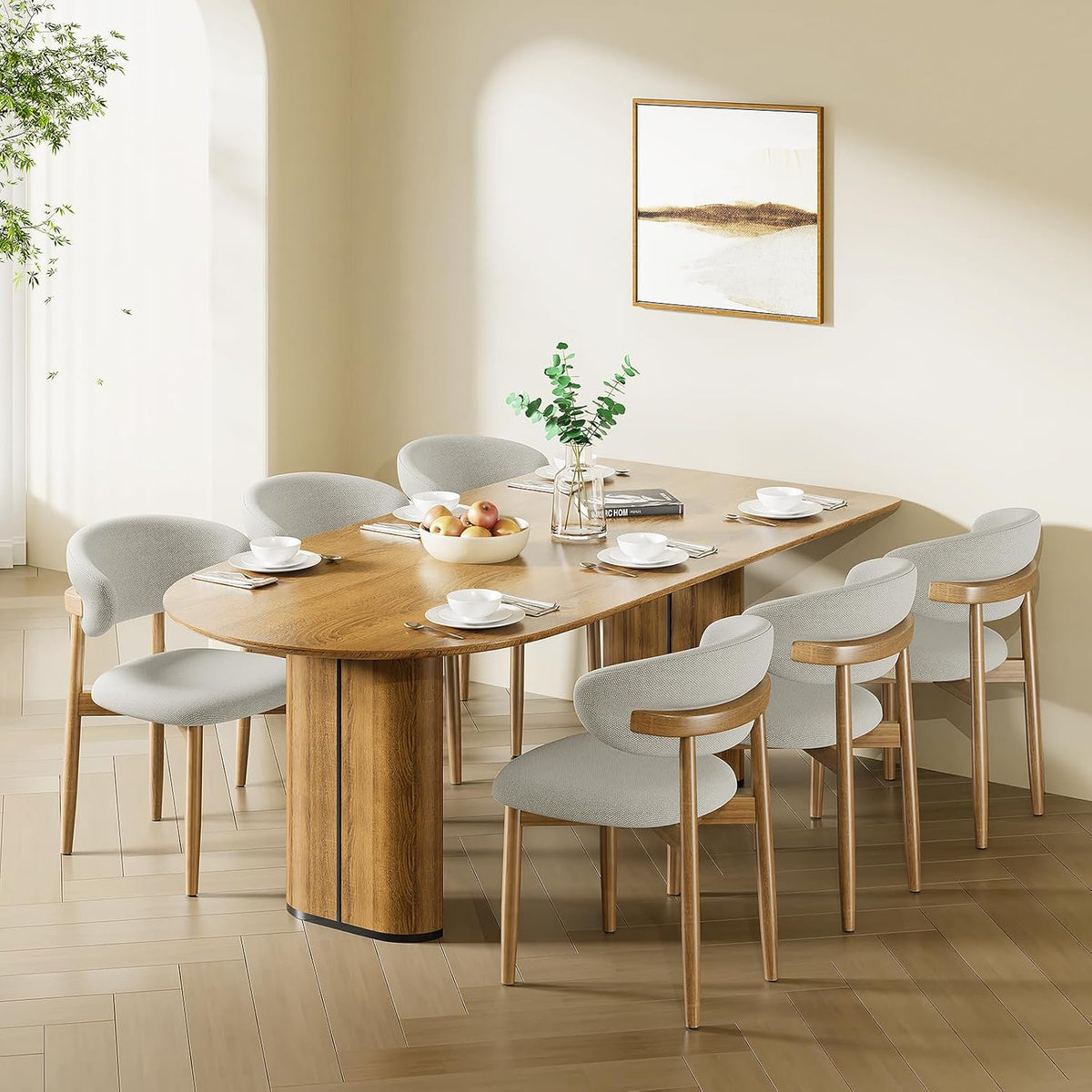 LEVELEVE Wooden Dining Chairs Set of 4,Farmhouse Kitchen Chairs with Curved Back,Modern Fabric Upholstered Chairs for Dining Room,Grey