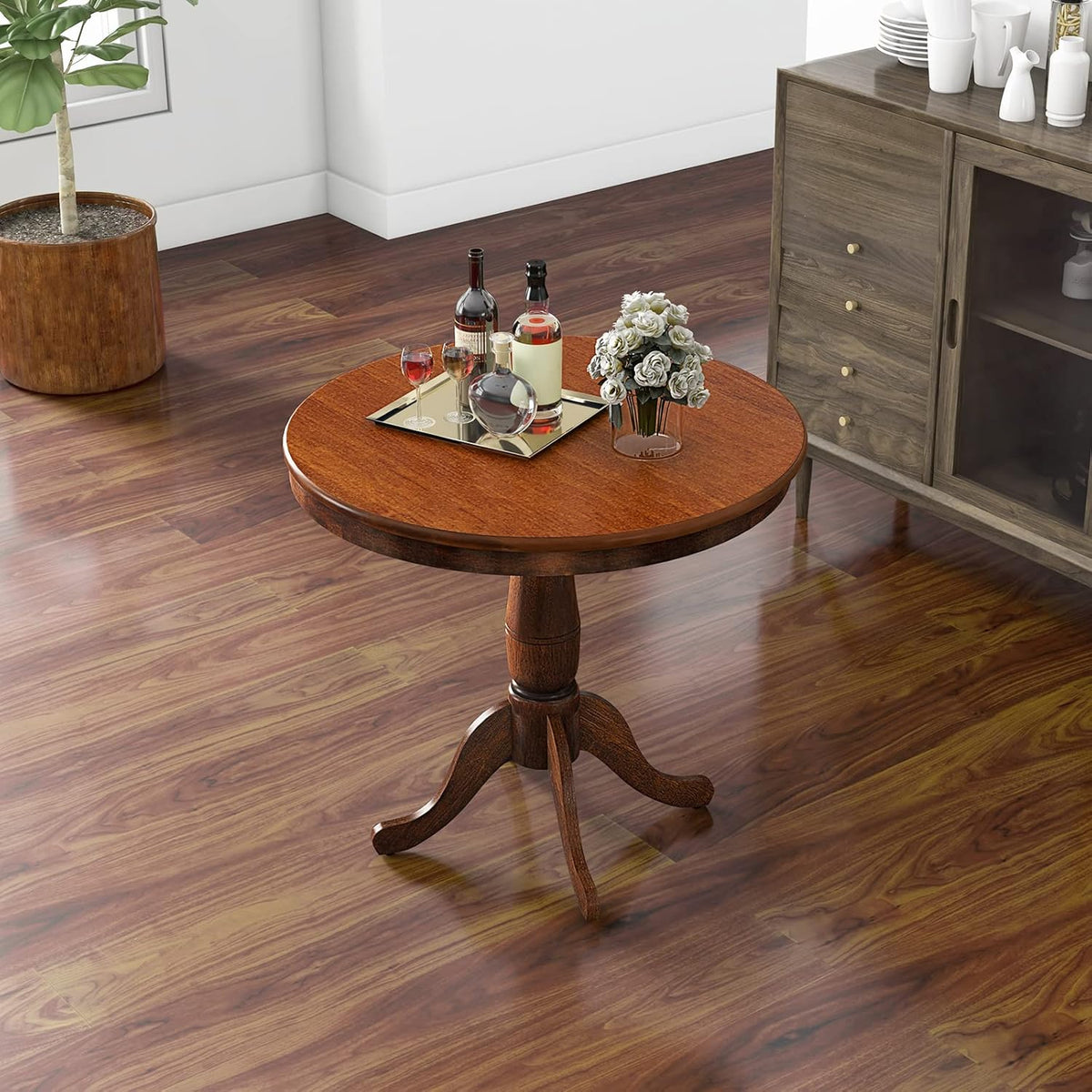 Giantex Round Dining Table for 2-4 People, 32" D X 30" H Wooden Kitchen Table with Spacious Table Top, Pedestal Base, Leisure End Tables for Bar, Kitchen, Dining Room, Restaurant, Walnut