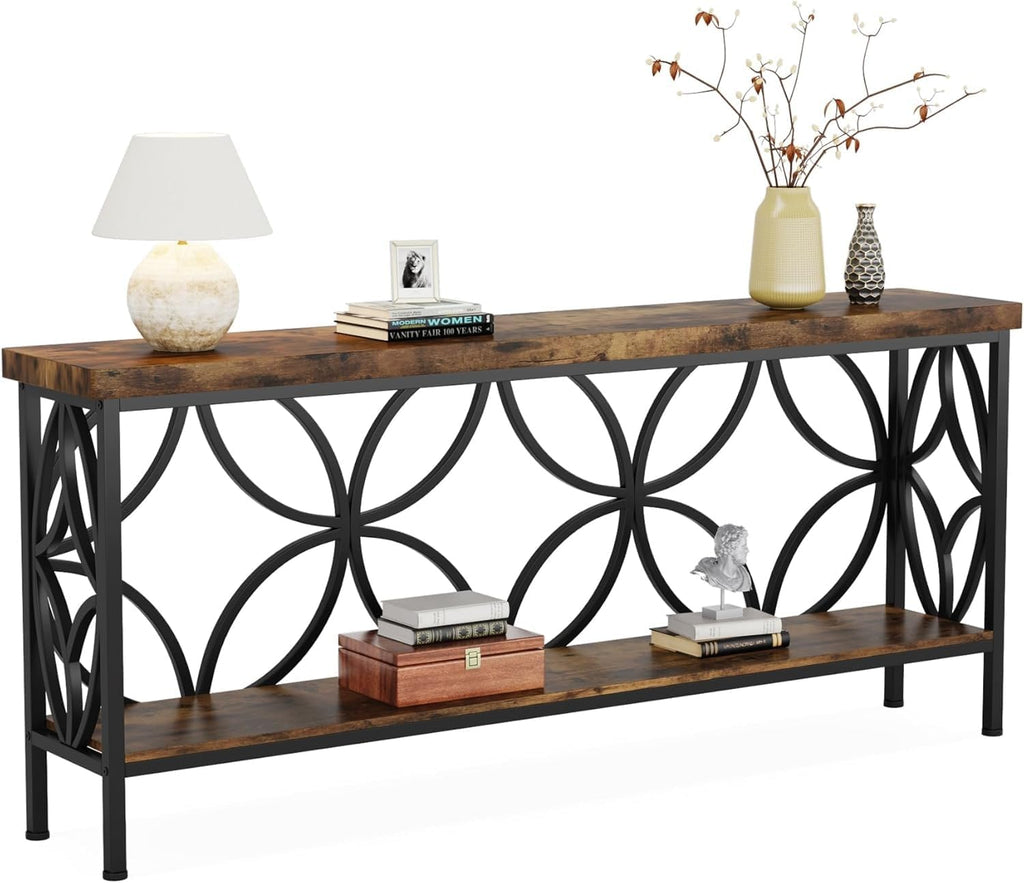 LITTLE TREE Sofa Table, 70.9 Inch Industrial Behind Couch Table with Storage Shelves, Narrow Long Console Table for Entryway, Living Room, Foyer, Hallway, Office