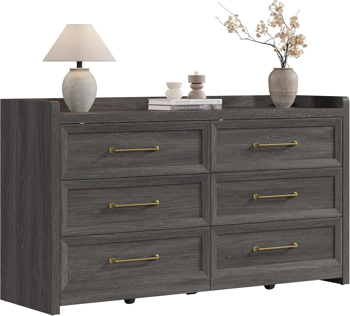 SICOTAS 6 Drawer Dresser for Bedroom-56.4" Extra-Wide Wooden Chest of Drawers with Large Storage, Long Dresser TV Stand with Drawers, Modern Closet Dressers for Nursery Living Room, Dark Grey Oak