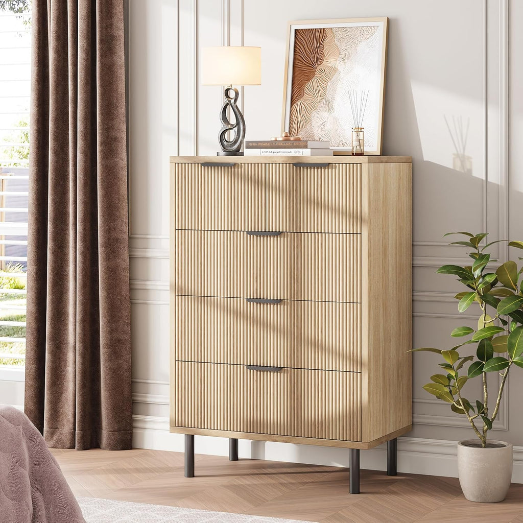 GarveeHome Oak Fluted 5 Drawer Dresser for Bedroom, Modern Wood Chest of Drawers with Wide Drawers, Closet Dresser Organizer with Anti-Tipping Device and Metal Legs for Hallway Entryway