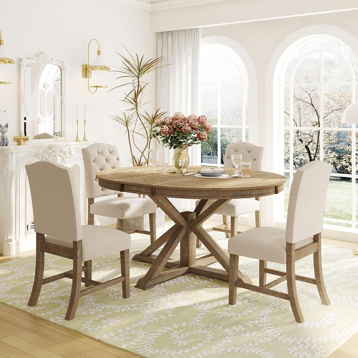 Bellemave Extendable Dining Table Set for 4, 5-Piece Round Table Set with 4 Chairs, Circle Table with Upholstered Chairs, Oval Kitchen Table Set with Extendable Table (Natural Wood Wash)