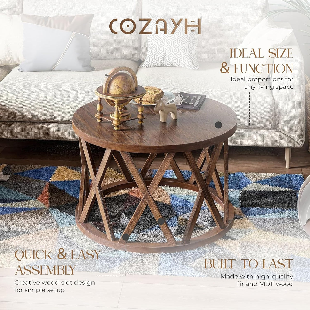COZAYH Rustic Farmhouse Coffee Table, Round Coffee Table with X-Motifs Legs, Wood Textured Top, for Boho, French Country Decor, Brown