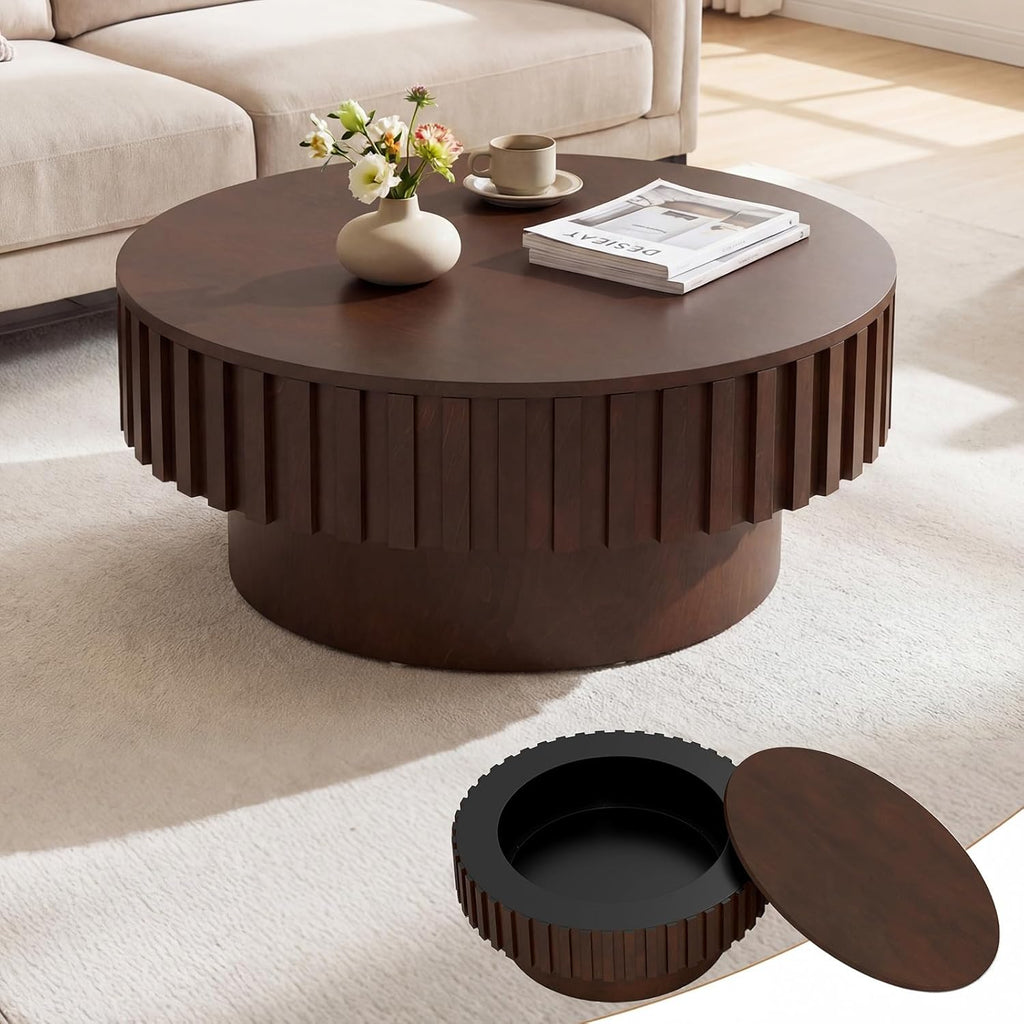 Giantex Round Coffee Table with Storage, Modern Drum Fluted Center Table with Solid Wood Veneered, Unique Circle Wood Coffee Table for Living Room Small Spaces (Brown)