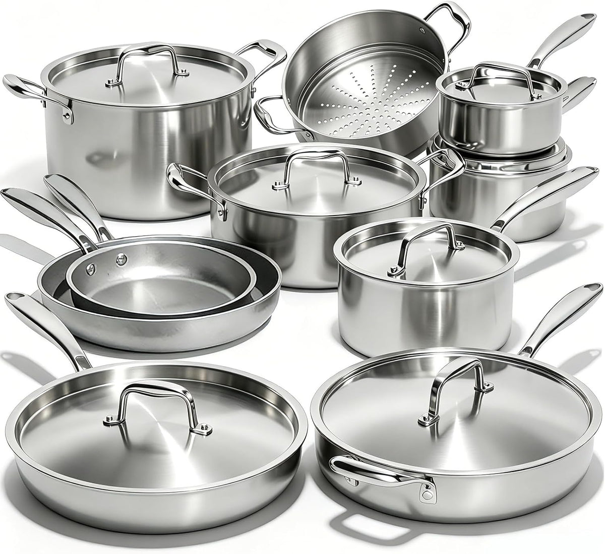 Umite Chef 17Pcs 5 Ply Clad Stainless Steel Cookware Set with Lids, Heavy Duty Pots and Pans Kitchen Set, Induction-Ready, Dual Aluminum Core for Even Heat, Cool Grip Handles, Dishwasher Safe