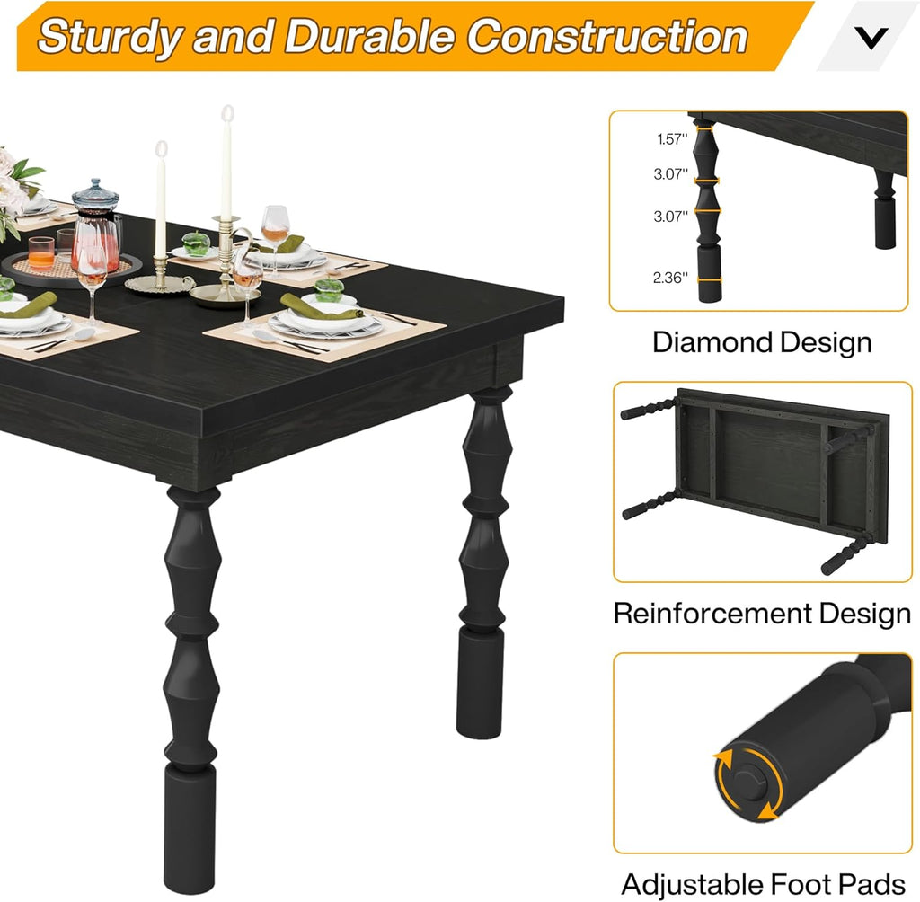 Tribesigns Wood Black Dining Table for 4-6 People, 62” Farmhouse Large Rectangle Kitchen Table, Modern Dinner Table Kitchen & Dining Room Furniture with Carved Turned Legs