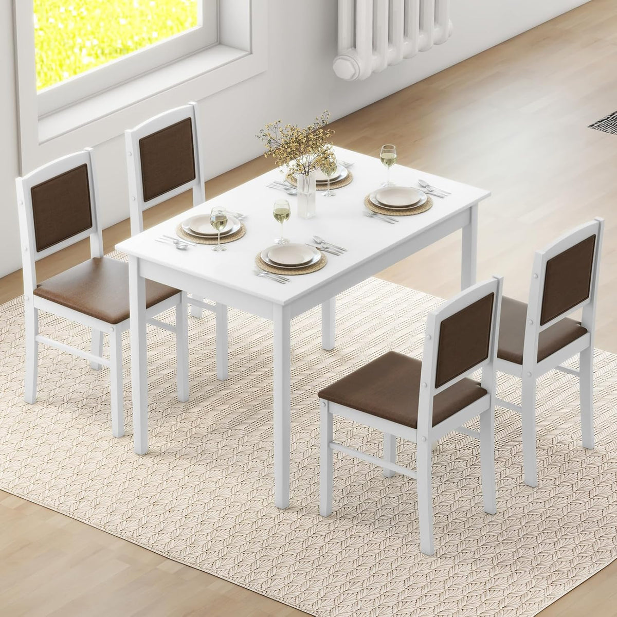 Giantex 5-Piece Dining Table Set for 4, Wooden Kitchen Table and Chairs with Solid Rubber Wood Legs, Padded Seat & Backrest, Space Saving Dinette Set for Home Dining Living Room, Breakfast Nook