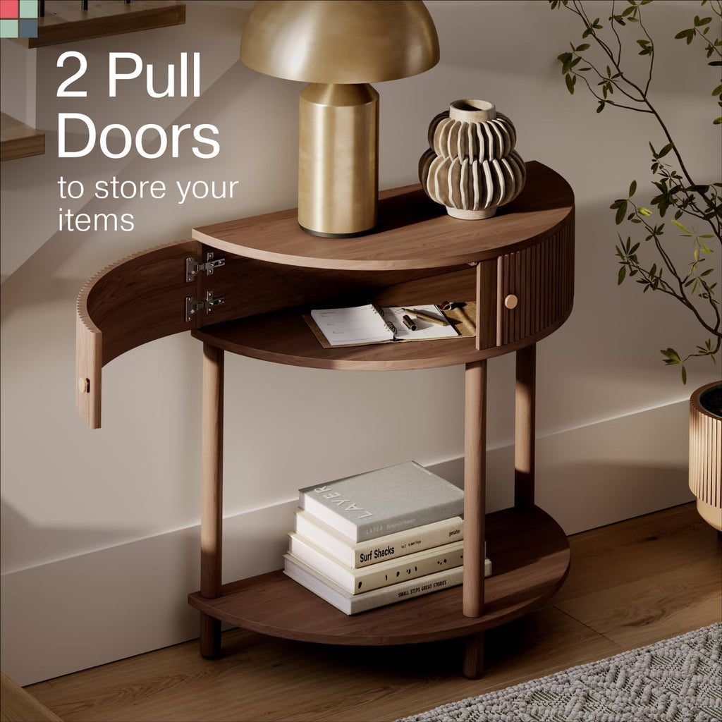 Stead Fluted Half Moon Shaped Console Table - Small Entry Desk - Living Room Furniture - Modern Home Decor - Solid Wood Entryway Table with Two Doors and Brass Knobs (Walnut)