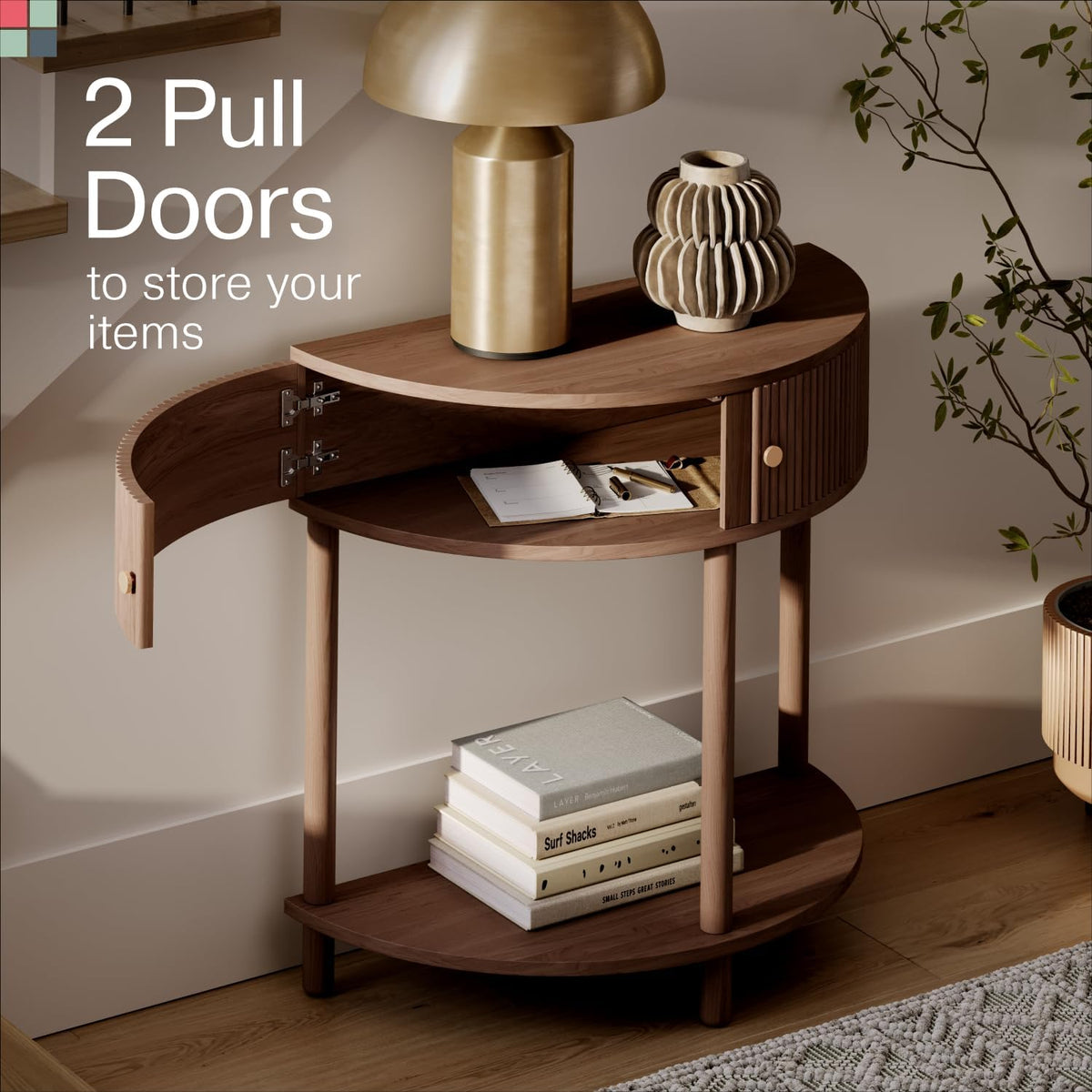 Stead Fluted Half Moon Shaped Console Table - Small Entry Desk - Living Room Furniture - Modern Home Decor - Solid Wood Entryway Table with Two Doors and Brass Knobs (Walnut)