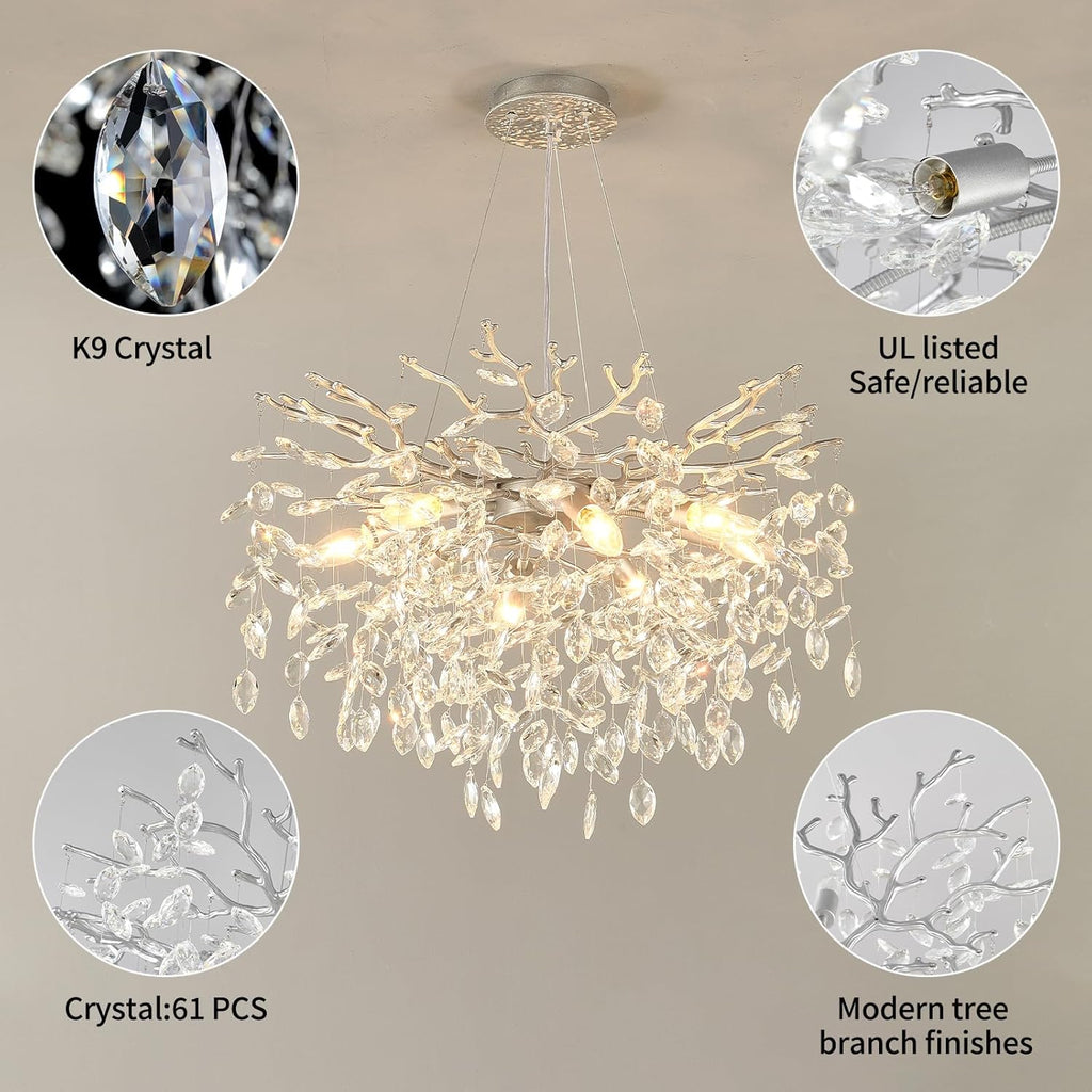 EGM 24-Inch Modern Crystal Chandeliers for Living Room, Silver Crystal Chandeliers for Dining Room, 8-Light Modern Raindrop Leaf Chandelier for Bedroom, Babyroom, E12