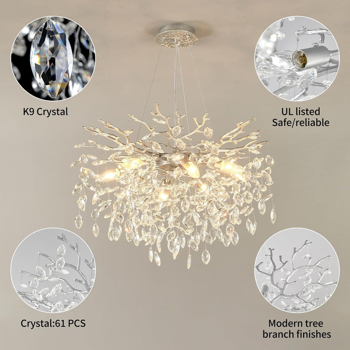 EGM 24-Inch Modern Crystal Chandeliers for Living Room, Silver Crystal Chandeliers for Dining Room, 8-Light Modern Raindrop Leaf Chandelier for Bedroom, Babyroom, E12