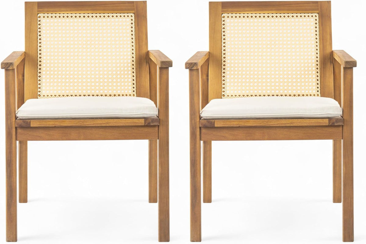 Christopher Knight Home Dessa Outdoor Dining Chairs Set of 2, Acacia Wood Dining Chair, Woven Wicker Back Accent Chairs, Breathable Armchair, Comfort Cushion Seating for Backyard Garden, Teak+Beige