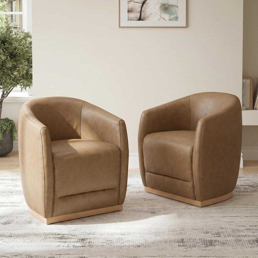CHITA Upholstered Dining Chairs with Casters Set of 2, Genuine Leather Barrel Chair with Backrest & Dual Armrest, Rolling Chairs for Dining Room, Bedroom, Kitchen, Reading Room, Living Room (Mocha)