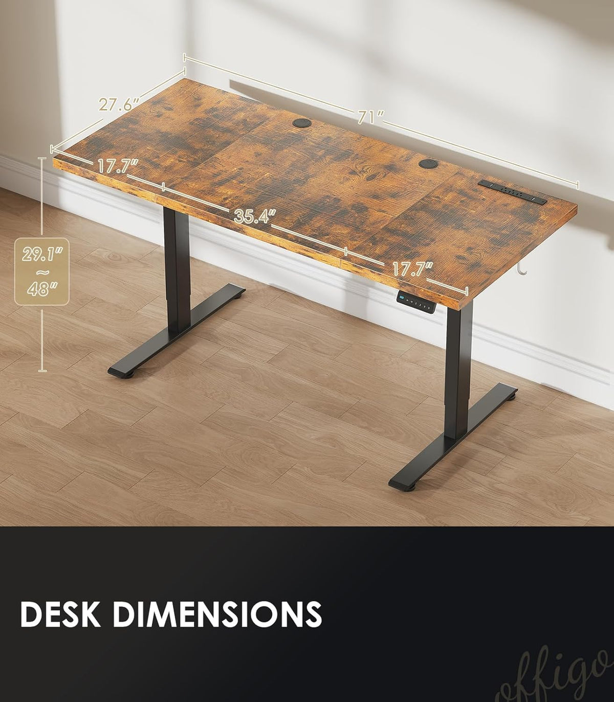 OffiGo 71 Inch Executive Electric Standing Desk, Height Adjustable Desk with Power Outlet & 1.38" Thick 3-Piece Desktop, Sit Stand Computer Desk for Home, Office, Conference Room, Rustic Brown