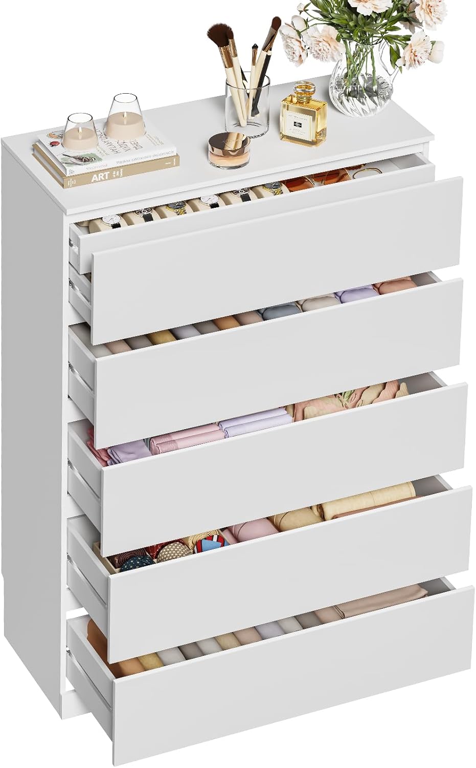Dresser for Bedroom with 6 Drawers, 38.5" H Modern Chest of Drawers with Hidden Drawer, Wood Storage Dresser, Storage Organizer for Living Room, Closet, Hallway, White