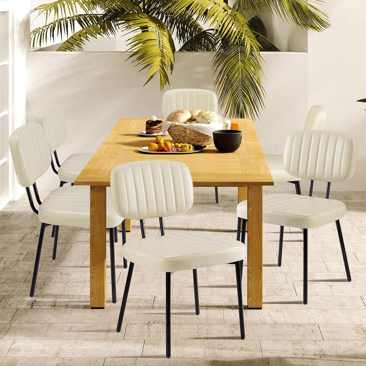 DUMOS Dining Chairs Set of 4, Upholstered Mid-Century PU Leather Accent Chair with Backrest and Metal Legs for Kitchen, Living Room, Beige White