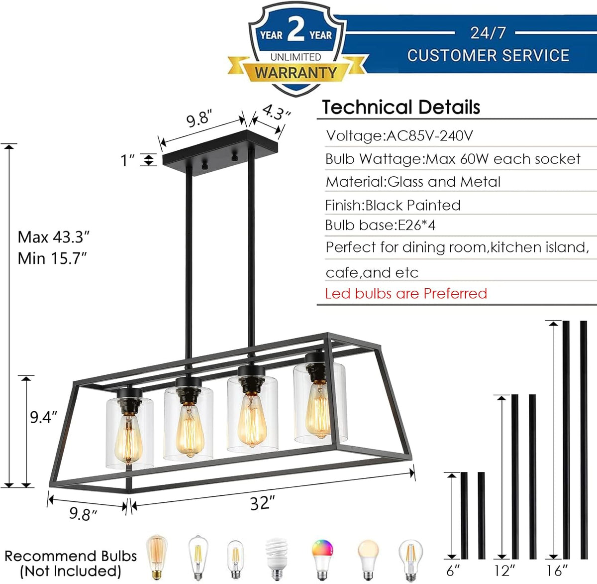 Black Farmhouse Chandeliers for Dining Room, Rustic Kitchen Island Light Fixture, 4-Lighting Linear Pendant Lamp Kitchen Island with Glass Shade  .Apply to Dining Room Light fixtures Over Table