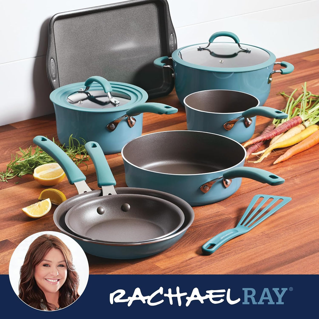 Rachael Ray Cook + Create Nonstick Cookware/Pots and Pan Set, 10 Piece, Agave Blue