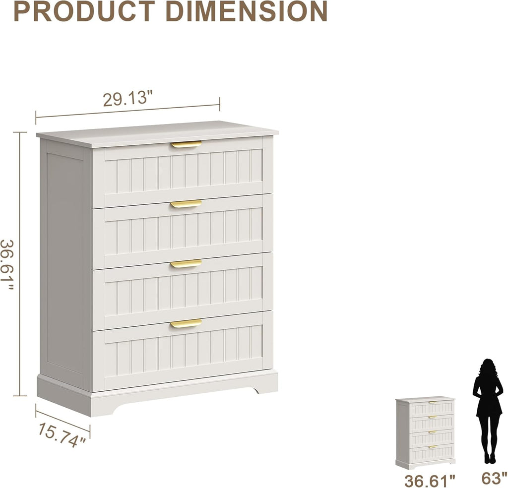 4 Drawer Dresser for Bedroom, Modern Farmhouse Wood Chest of Drawers with Metal Handles, Spacious Storage Drawers for Closet, Living Room, Entryway, White