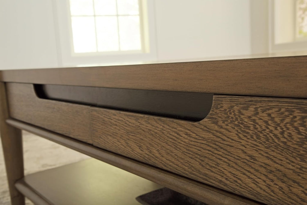 Signature Design by Ashley Roanhowe Contemporary 2-Drawer Coffee Table with Open Lower Shelf and Tapered Legs, Dark Brown
