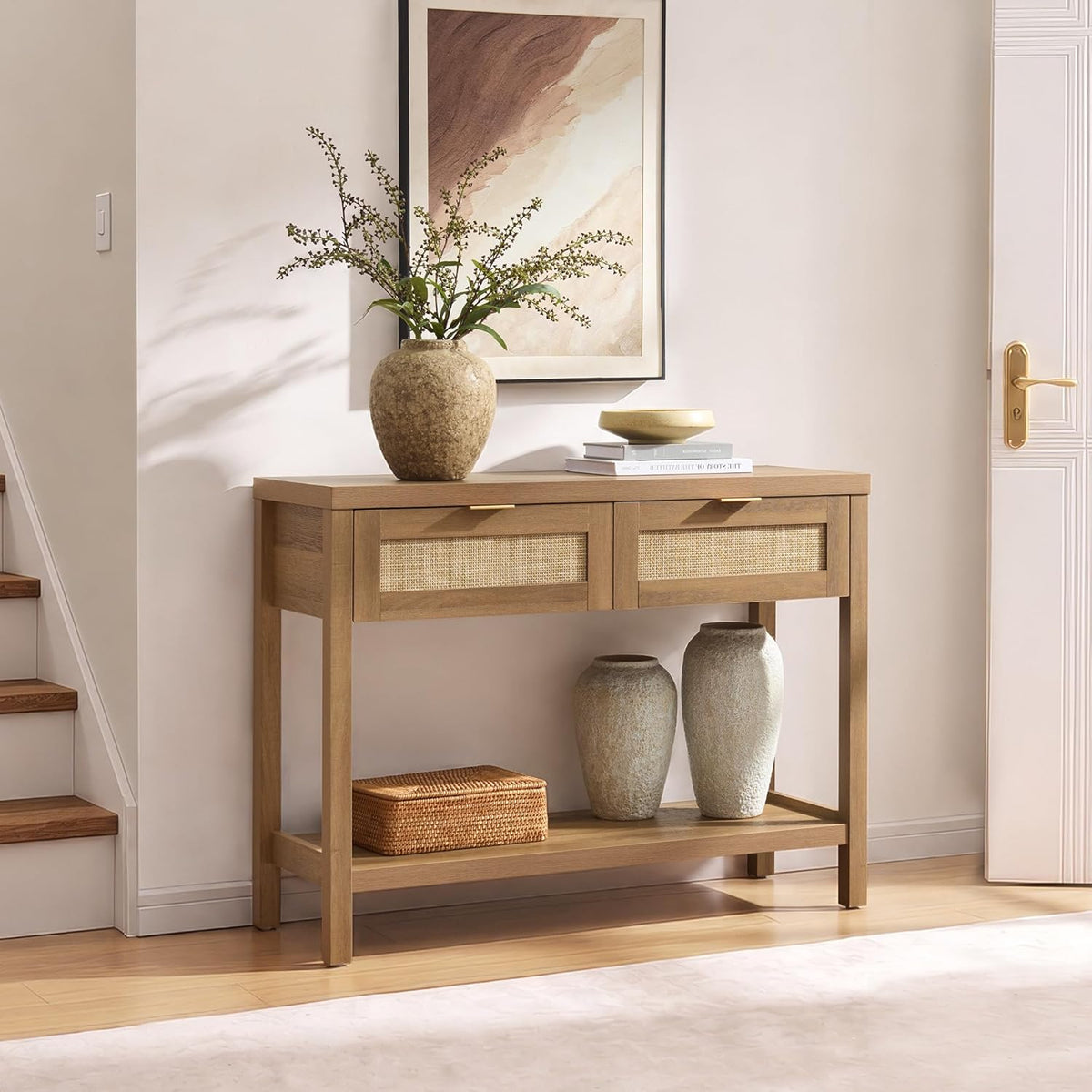 SICOTAS Console Table with Rattan Drawers - Boho Rattan Entryway Table with Storage, Small Console Tables for Entryway, Entry Tables for Hallway