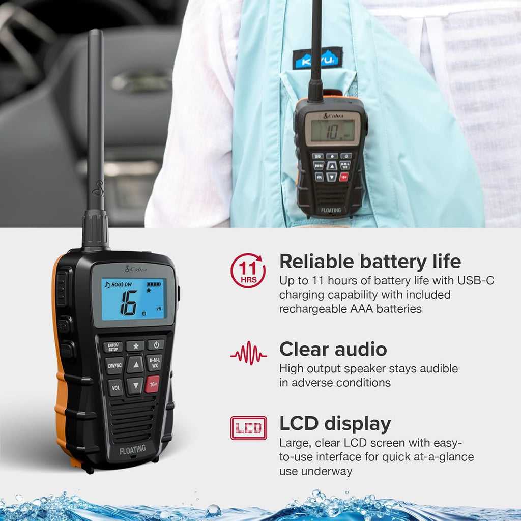 Cobra BlueBound 150 VHF Handheld Marine Radio - Black - 3-Watt, Floating, Long Range, NOAA Weather Alerts, International Functionality, IPX7 Waterproof, USB-C, Submersible, LCD Screen, Belt Clip