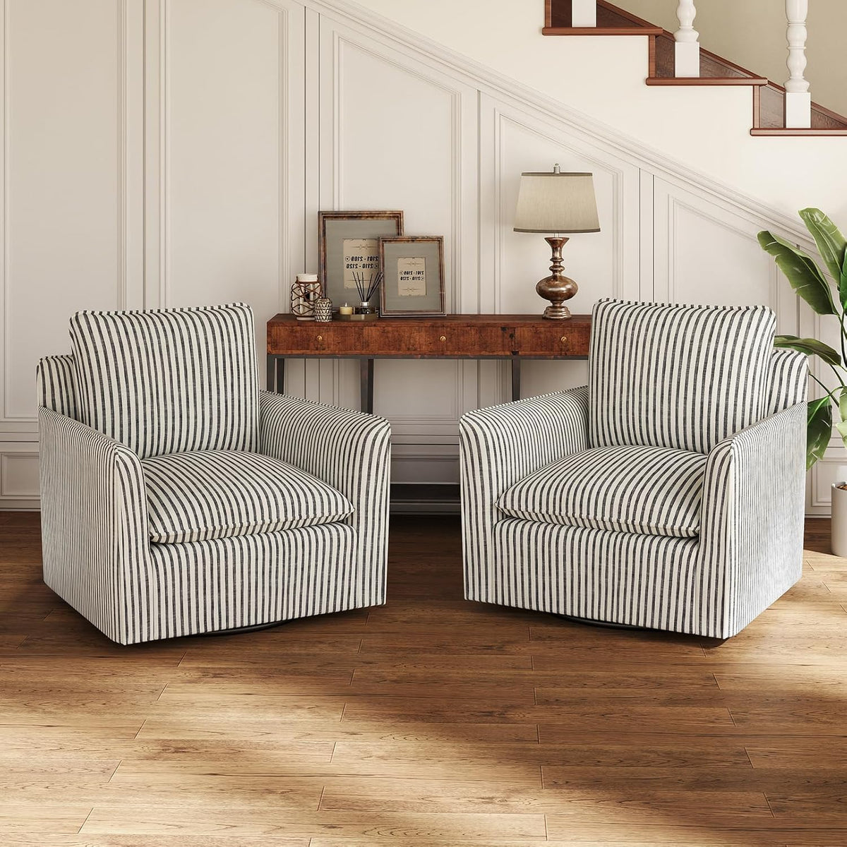 INZOY Swivel Accent Chair Set of 2, Upholstered Square Chair, Swivel Barrel Reading Chair with Thick Padded Backrest Cushion for Living Room Bedroom Small Space, Blue Stripe