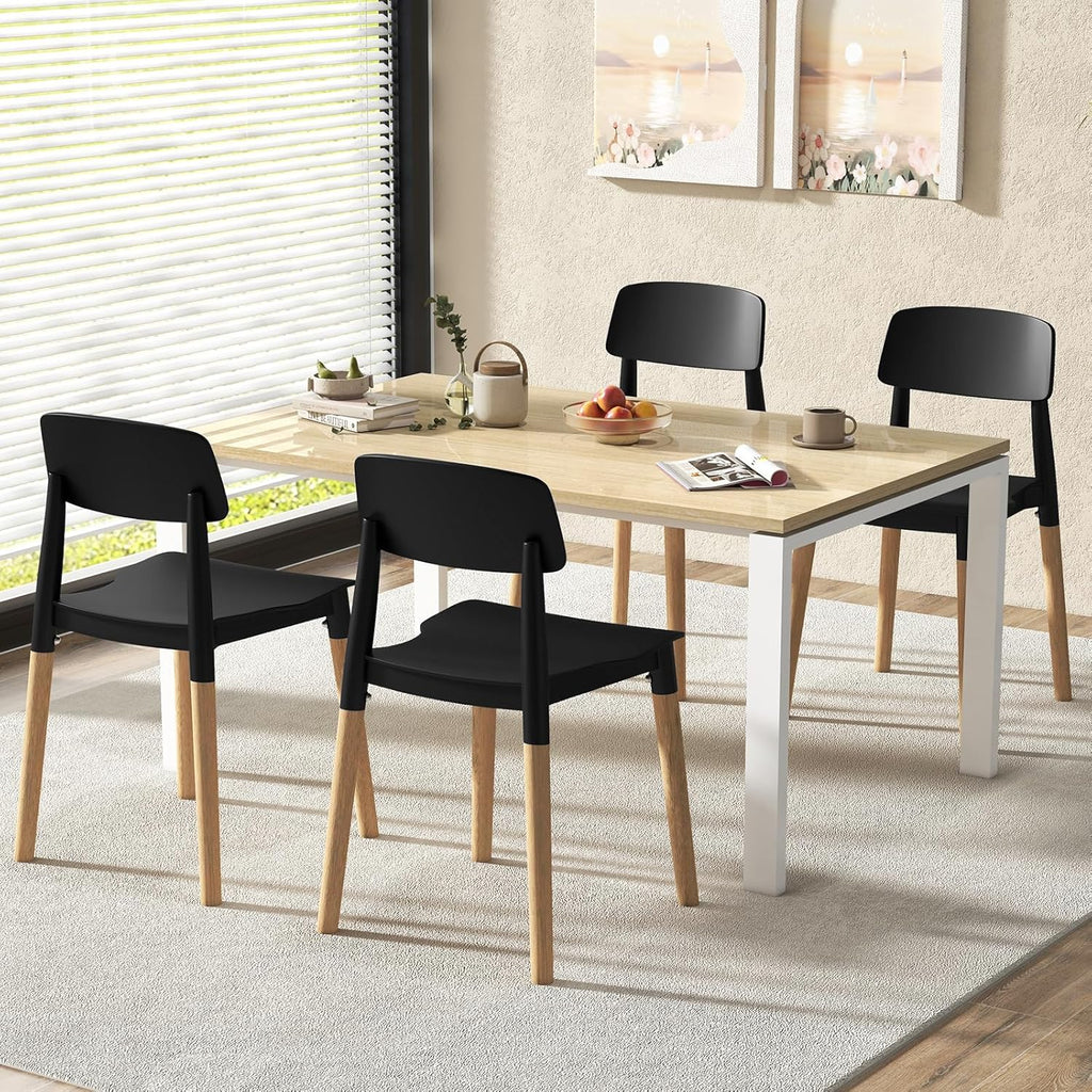 Giantex Modern Dining Chairs Set of 4, Plastic Dining Side Chair Set w/Sturdy Wooden Legs, Ergonomic Backrest & Wide Seat, Armless Kitchen Chairs for Dining Room Living Room Restaurant Cafe (Black)